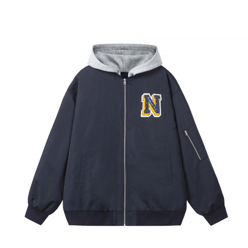 Men's college bomber jacket in oversized style with hood insert and logo patch Fashion Glam