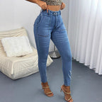 Women's waist-hugging super stretch skinny jeans with patch front piped pockets Fashion Glam