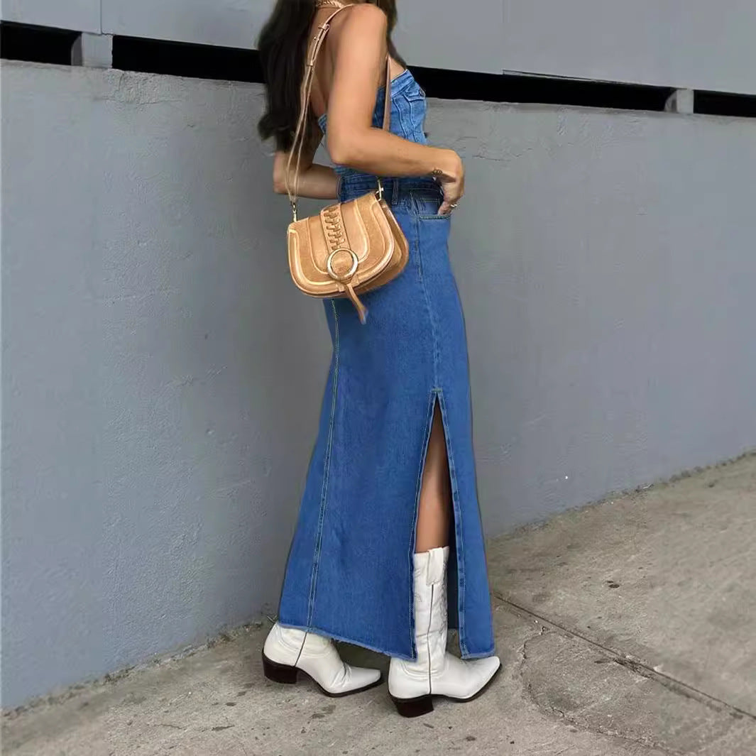 Ladies High-Waist Maxi Skirt made of Denim with front decorative seam and side leg slit Fashion Glam