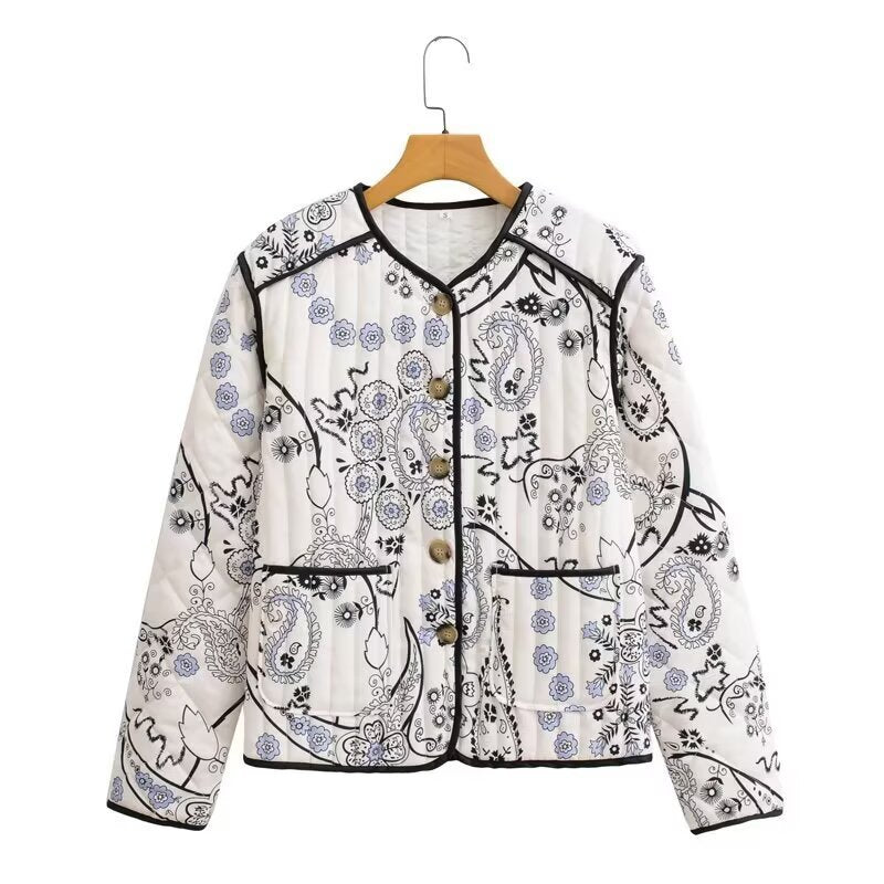 Women's Quilted Short Jacket with Paisley Flower Print, Round Neckline and Contrast Piping Fashion Glam