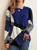 Women's fine knit sweater with geometric color block and decorative buttons Fashion Glam