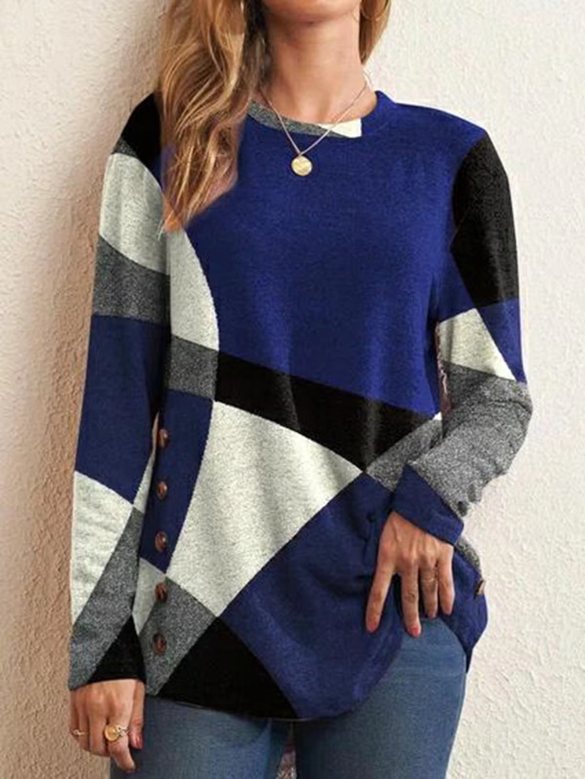 Women's fine knit sweater with geometric color block and decorative buttons Fashion Glam
