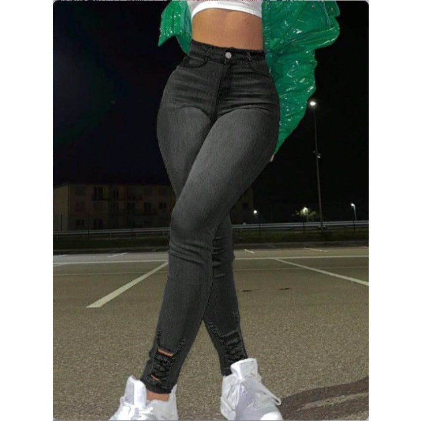 Ladies high-waisted figure-hugging skinny jeans with ankle slits and stretch Fashion Glam