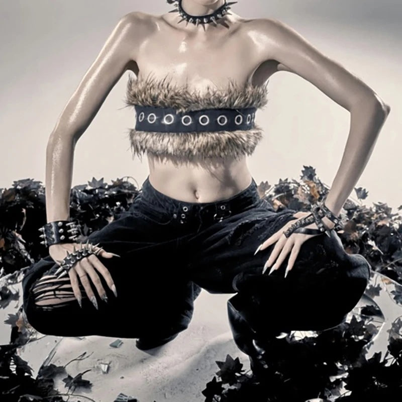 Women Cropped Bandeau Top with Faux Fur Trim, Grommet Leather Strap and Gothic-Punk Details Fashion Glam