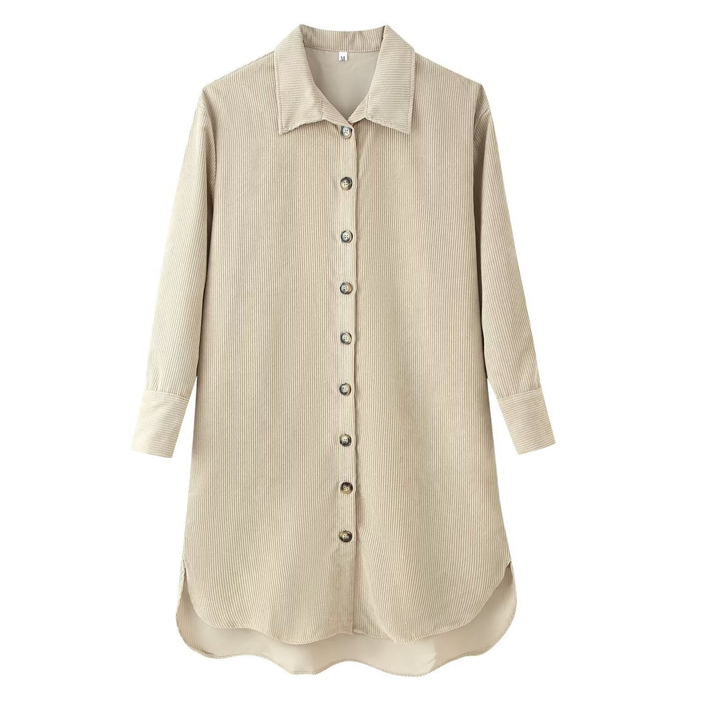 Women's long shirt tunic made of fine ribbed jersey with shirt collar and continuous button placket Fashion Glam