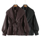 Women's faux leather jacket with XXL shawl collar, waist elastic and balloon sleeves Fashion Glam