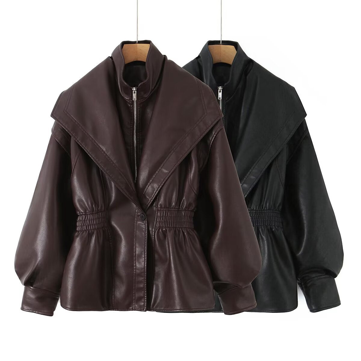 Women's faux leather jacket with XXL shawl collar, waist elastic and balloon sleeves Fashion Glam