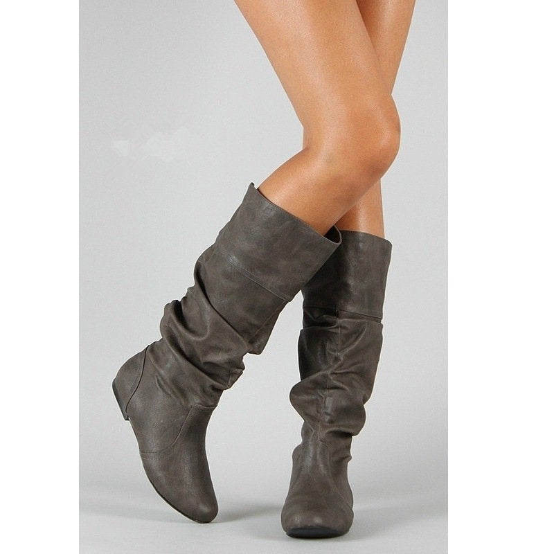 Women’s casual knee-high slouch boots with flexible shaft and flat heel Fashion Glam
