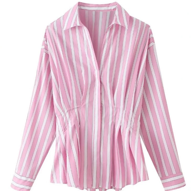 Women tailored blouse with tuck pleats and shirt collar Fashion Glam