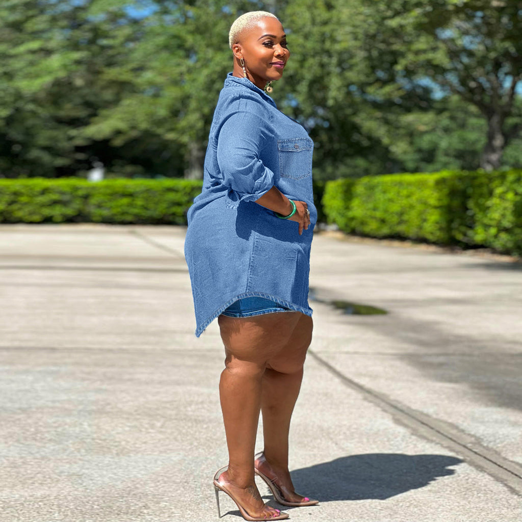 Ladies Oversized Denim Shirt Blouse in Longline Cut with Rolled Sleeves and Breast Pockets Fashion Glam