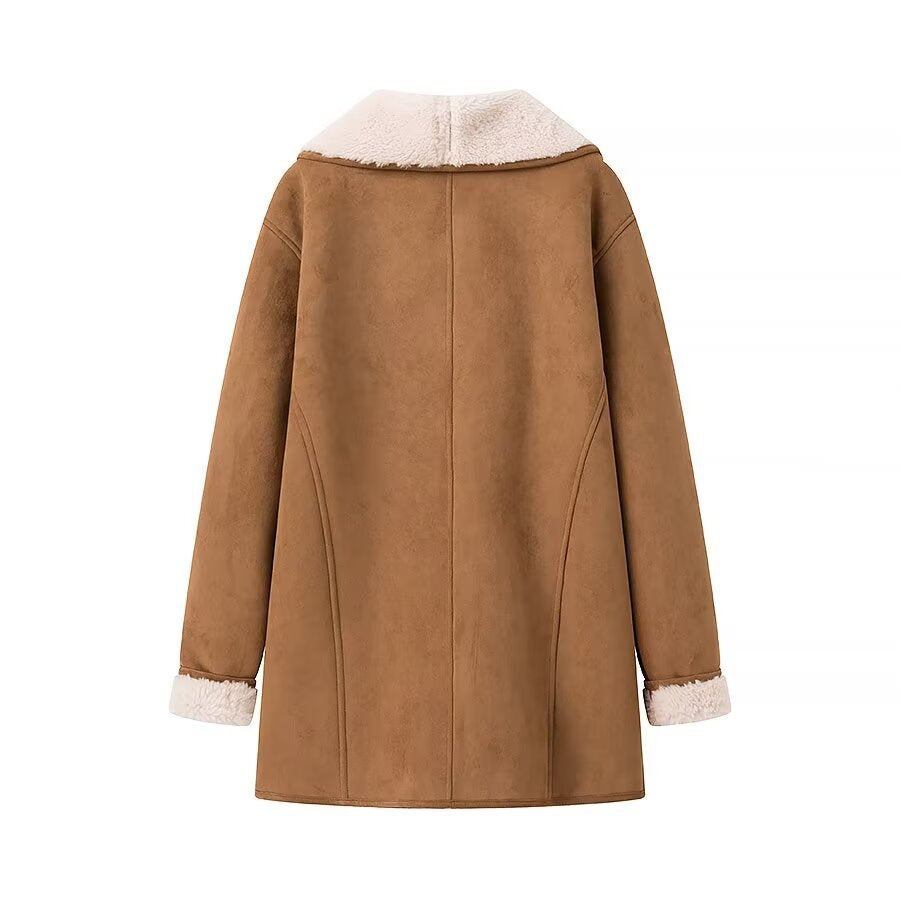 Women's midi coat made of lamb fur imitation with voluminous shawl collar and button closure Fashion Glam