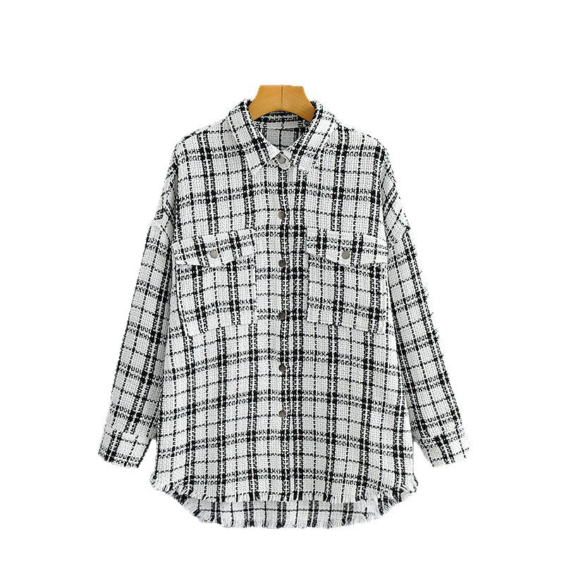 Women's Checked Boucle Shirt Jacket in Oversized Shacket Style with Chest Pockets Fashion Glam