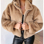 Women’s short-cut cuddly fleece quilted jacket with stand-up collar and zipper Fashion Glam
