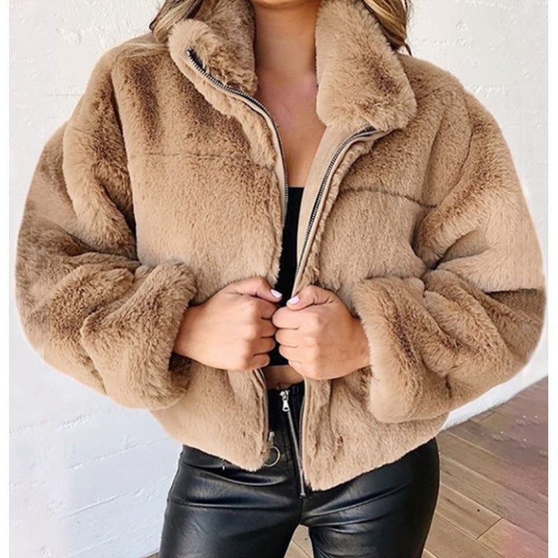 Women’s short-cut cuddly fleece quilted jacket with stand-up collar and zipper Fashion Glam