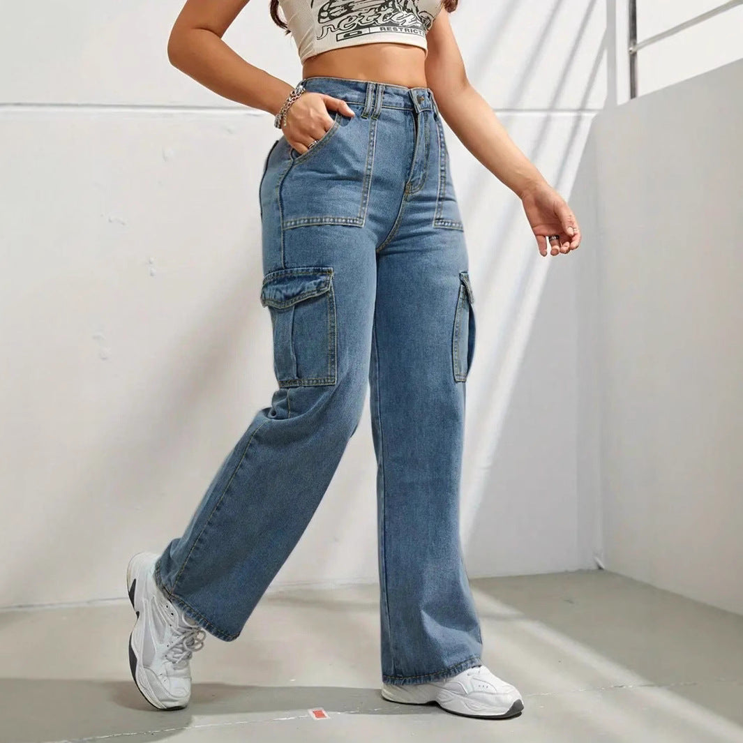 Women high-waisted wide cargo jeans with patch pockets and straight leg Fashion Glam