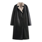 Women Faux Leather Coat with Teddy Lining and Double-Breasted Button Placket Fashion Glam