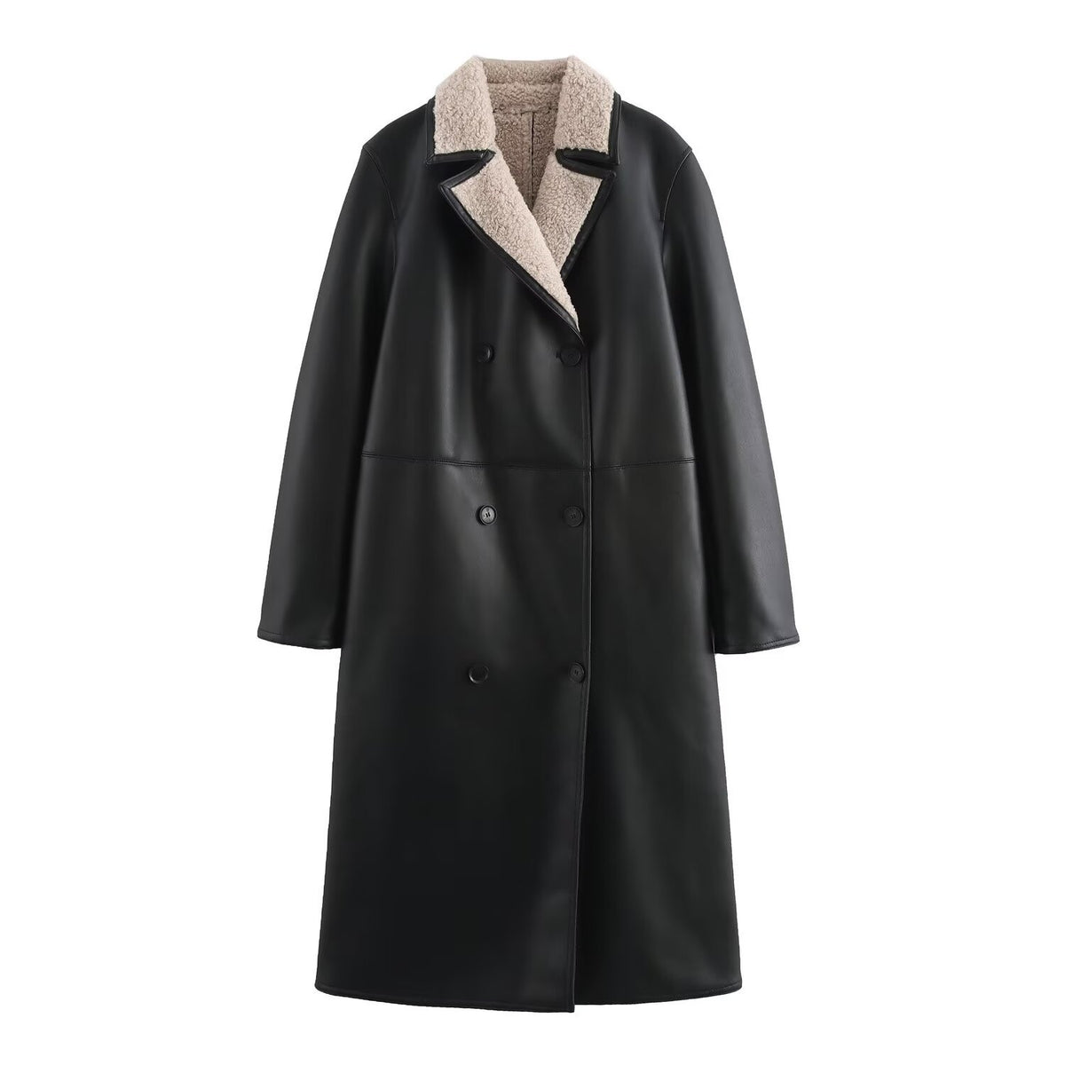 Women Faux Leather Coat with Teddy Lining and Double-Breasted Button Placket Fashion Glam