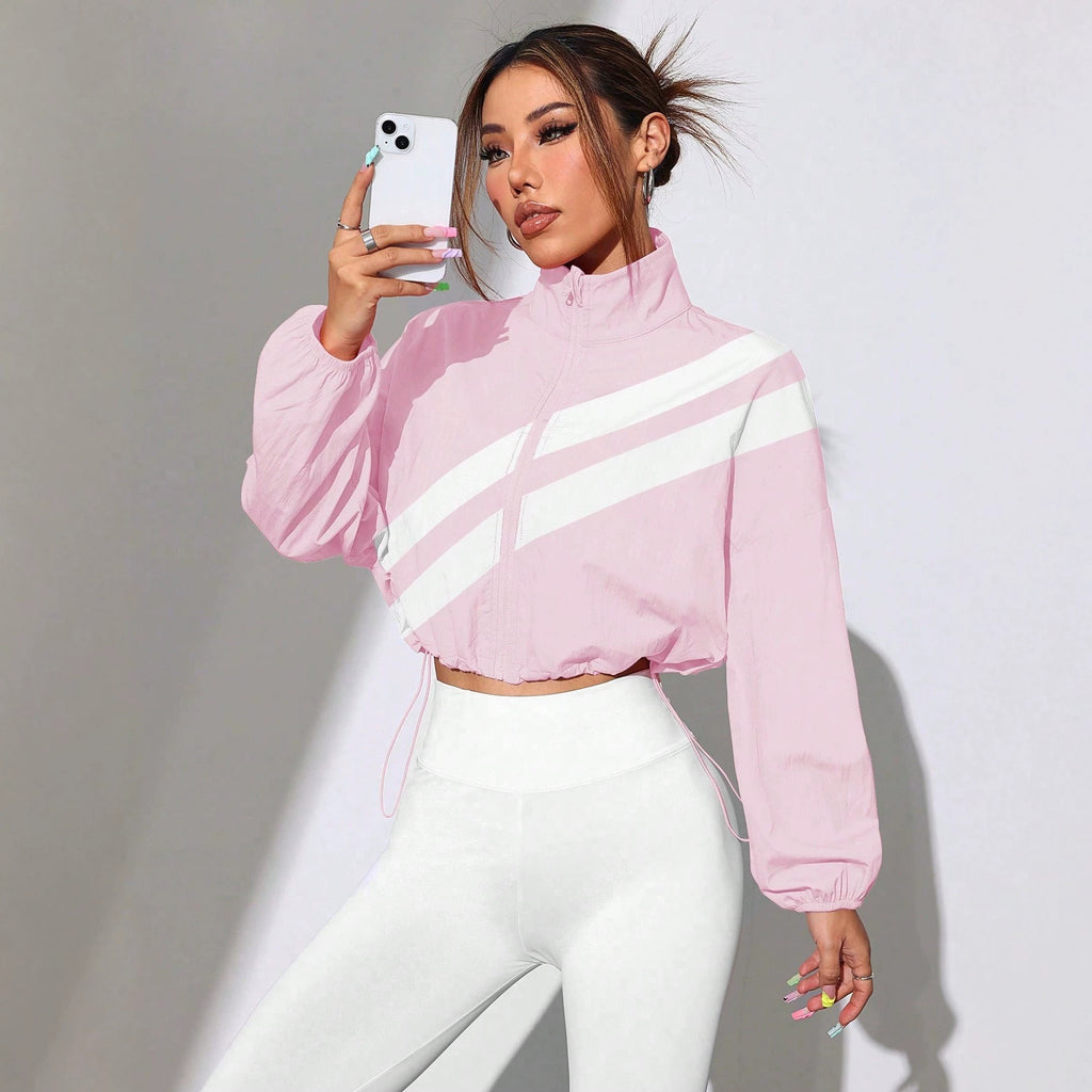 Women's Cropped Windbreaker with Stand-up Collar, Zipper and Drawstring Waist Fashion Glam