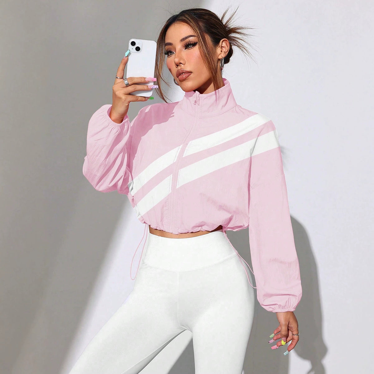 Women's Cropped Windbreaker with Stand-up Collar, Zipper and Drawstring Waist Fashion Glam