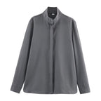 Women's loose-fitting tunic blouse with concealed button placket and stand-up collar Fashion Glam