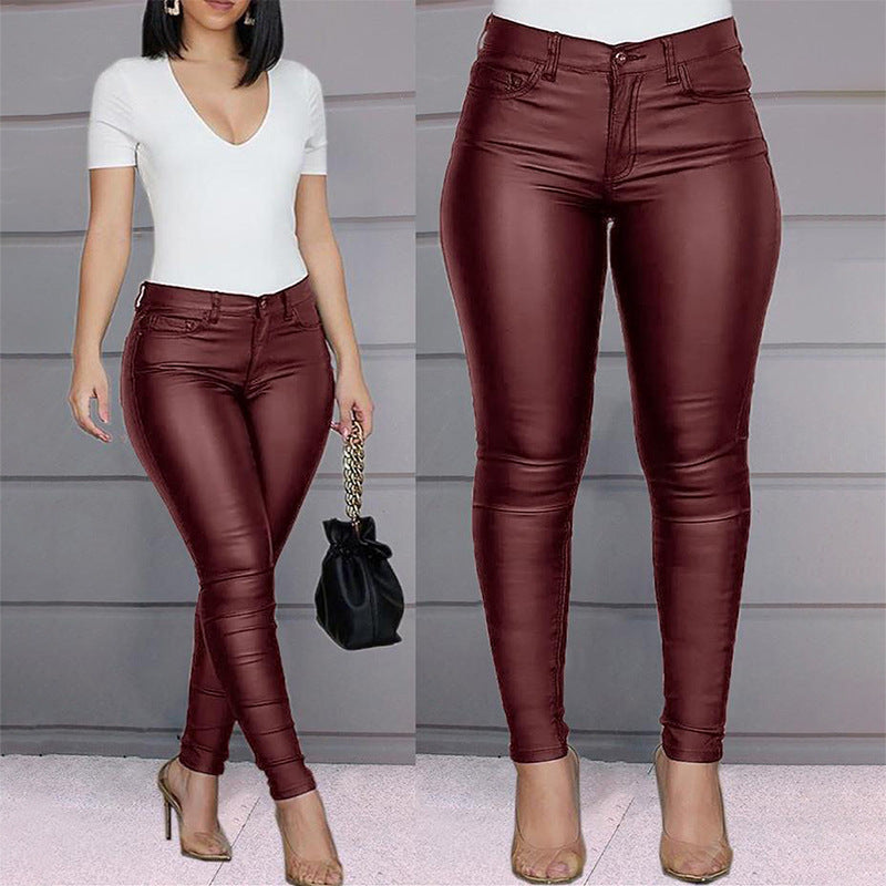 Ladies figure-hugging high-waist faux leather pants in skinny cut with five-pocket Fashion Glam