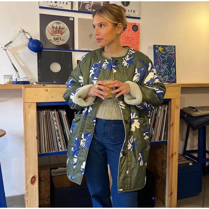 Women's Longline Quilted Coat with Floral Print, Teddy Lining and Oversized Silhouette Fashion Glam