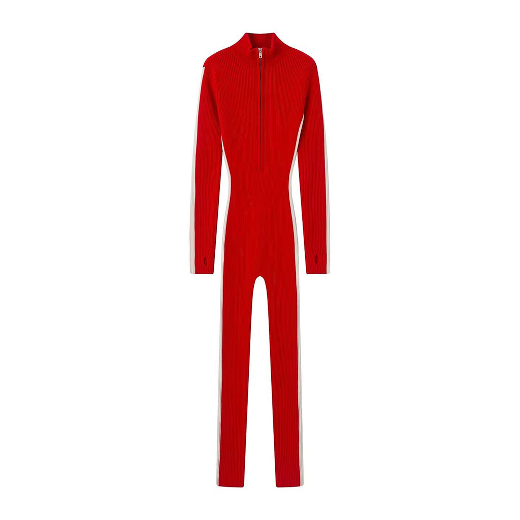 Women's Fitted Rib Knit Jumpsuit with Stand Collar, Zipper and Thumb Hole Fashion Glam