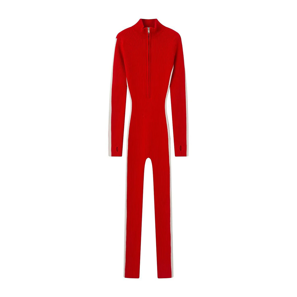 Women's Fitted Rib Knit Jumpsuit with Stand Collar, Zipper and Thumb Hole Fashion Glam