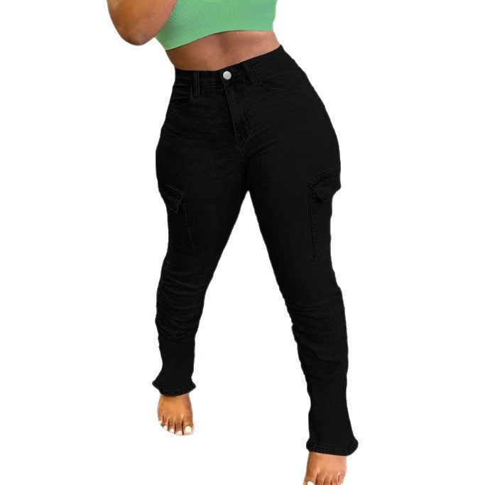 Women's High-Waisted Cargo Jeans with Slim Fit and Gathered Leg Hems Fashion Glam