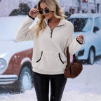 Women's fluffy fleece cuddle pullover with half zipper, kangaroo pocket and stand-up collar Fashion Glam