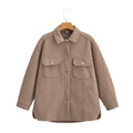 Women's Oversize Wool Blend Shirt Jacket with Snap Button Closure and Applied Flap Pockets Fashion Glam