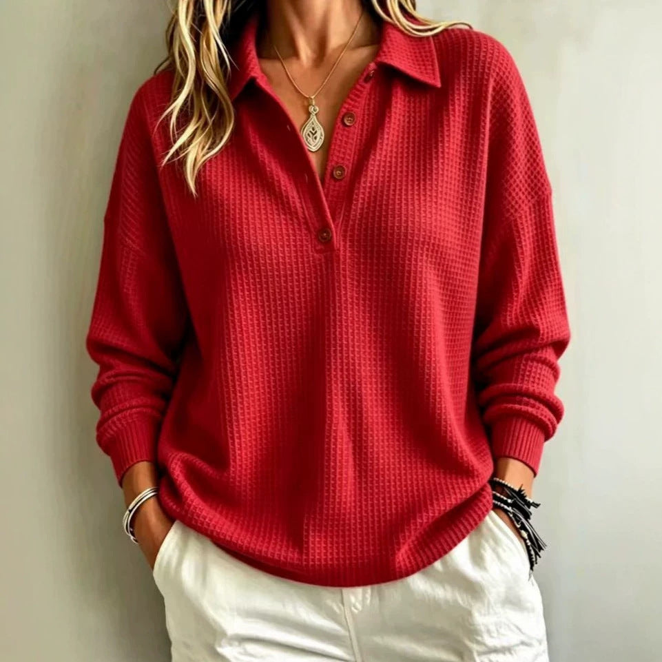 Ladies waffle knit polo with oversized fit, button placket and roll neck look Fashion Glam