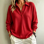 Ladies waffle knit polo with oversized fit, button placket and roll neck look Fashion Glam