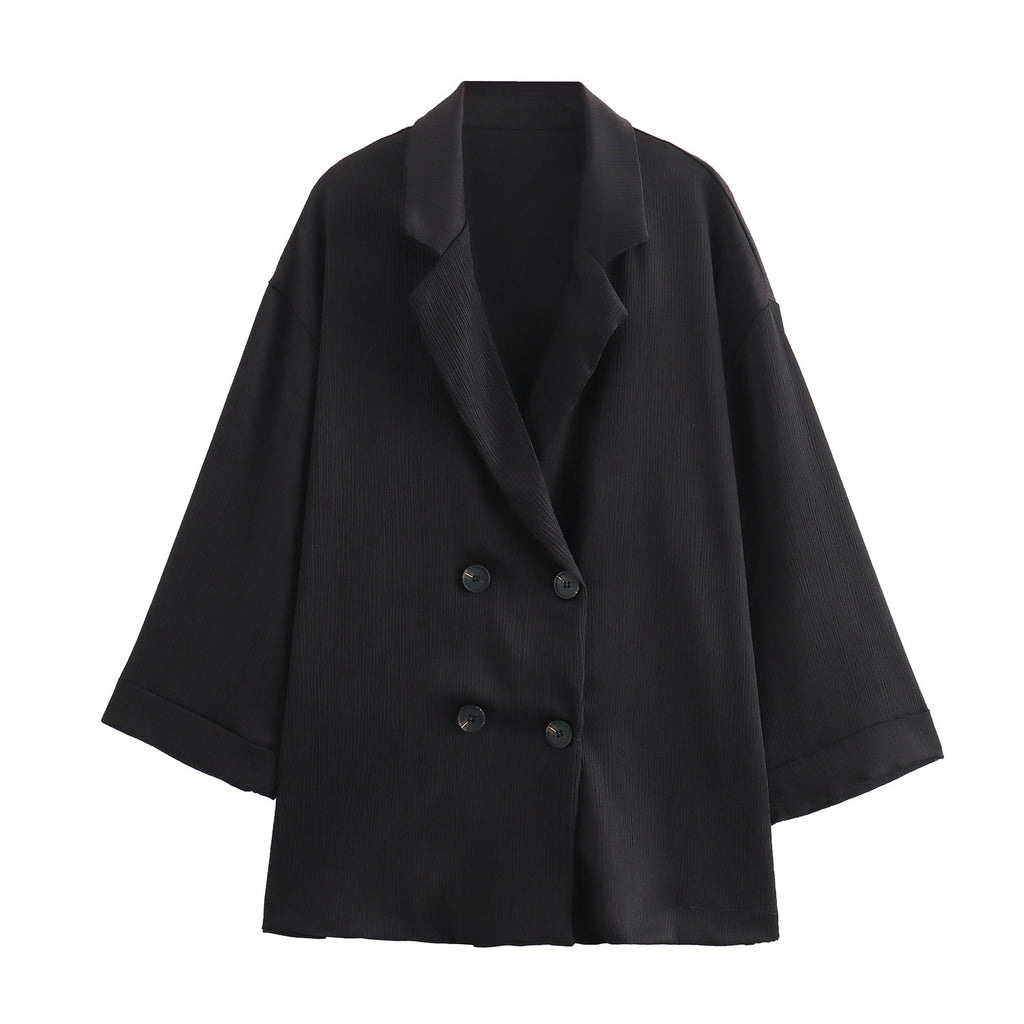 Ladies Oversized Double-Breasted Blazer with Pleated Structure and Three-Quarter Sleeves Fashion Glam