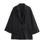 Ladies Oversized Double-Breasted Blazer with Pleated Structure and Three-Quarter Sleeves Fashion Glam