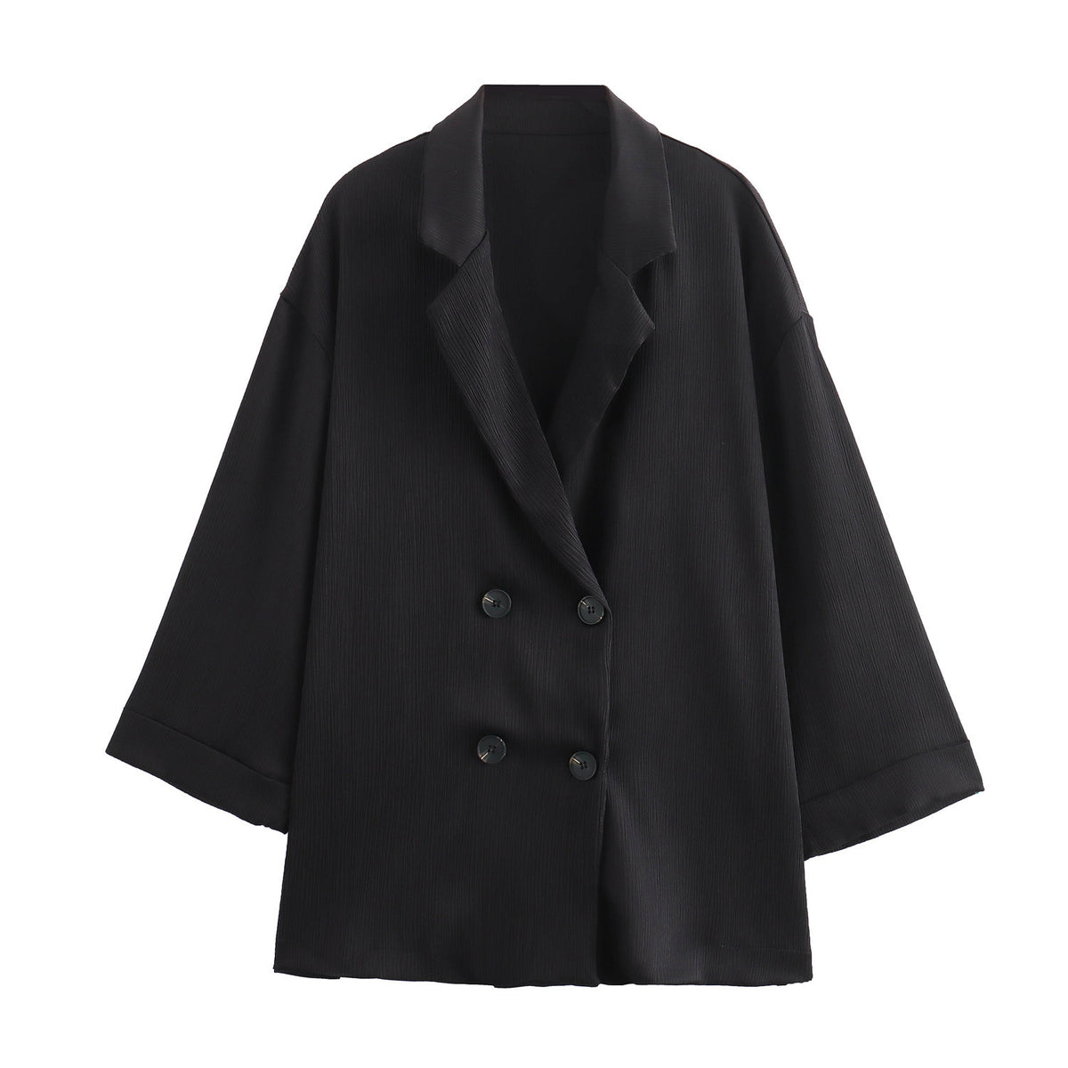 Ladies Oversized Double-Breasted Blazer with Pleated Structure and Three-Quarter Sleeves Fashion Glam