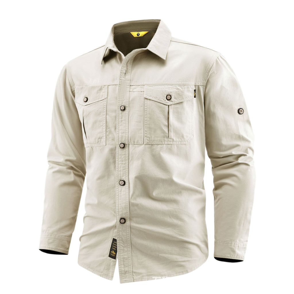 Men's Canvas Overshirt in Field Style with Chest Flaps and Full Button Placket Fashion Glam