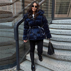 Women's Padded Down Jacket with Hood and Waist Belt Fashion Glam