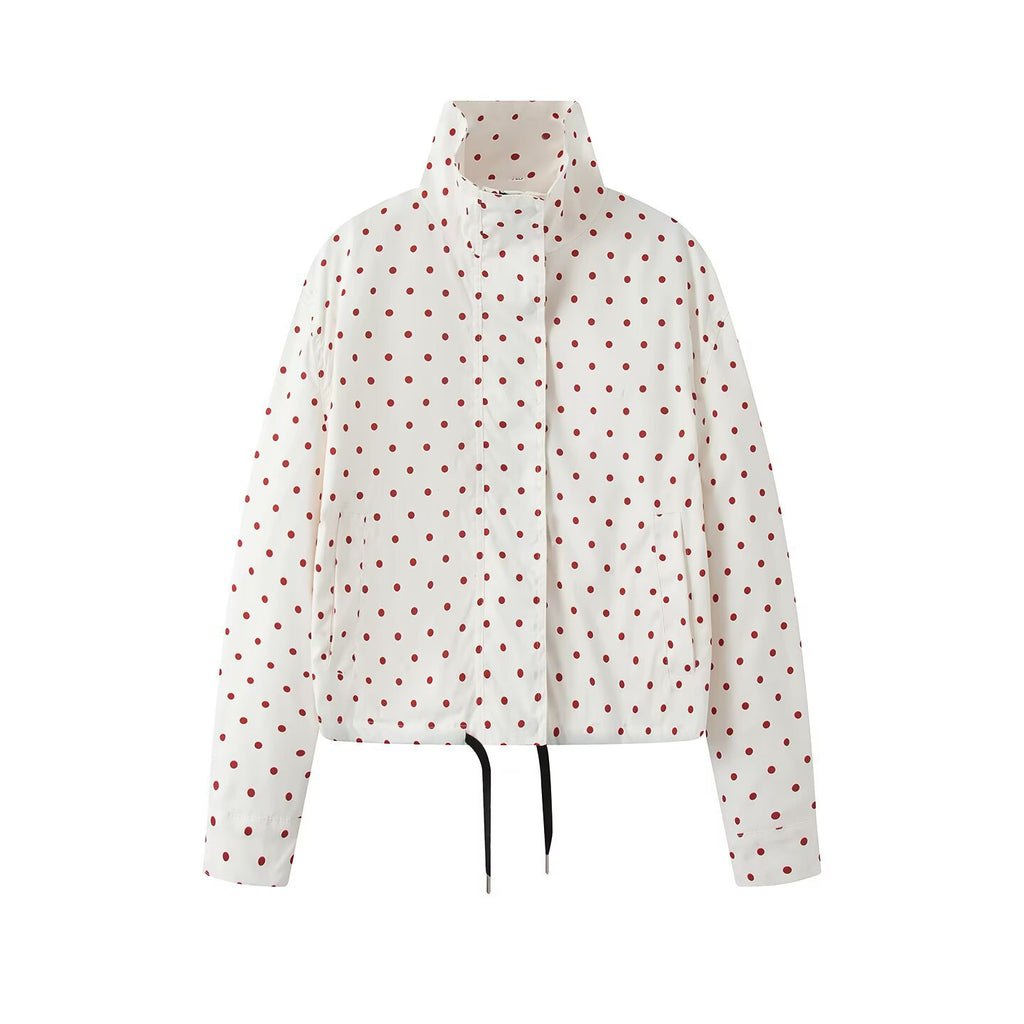 Women's Short Dotted Rain Jacket with Stand-Up Collar and Drawstring Fashion Glam