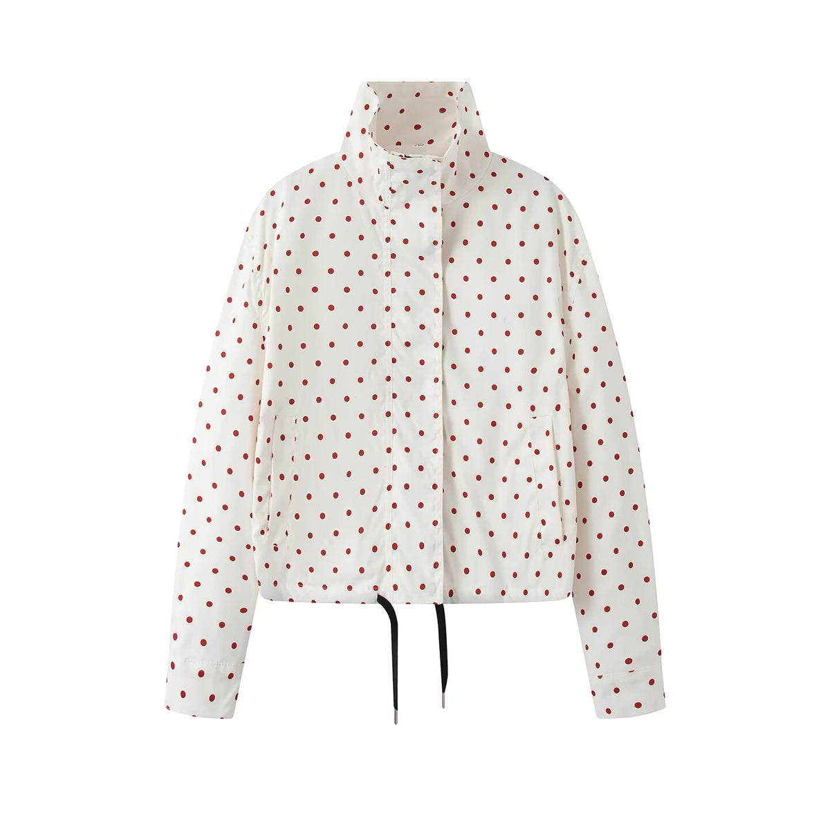 Women's Short Dotted Rain Jacket with Stand-Up Collar and Drawstring Fashion Glam