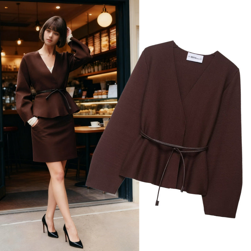 Women's Crossed Knit Cardigan with Waistband and Kimono Sleeves Fashion Glam