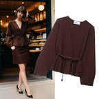 Women's Crossed Knit Cardigan with Waistband and Kimono Sleeves Fashion Glam