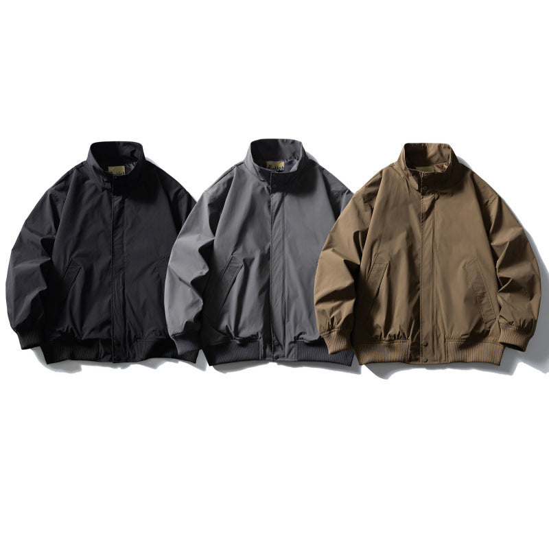 Men's Boxy Bomber Jacket with Stand-Up Collar, Concealed Snap Button Placket, and Elastic Ribbed Cuffs Fashion Glam