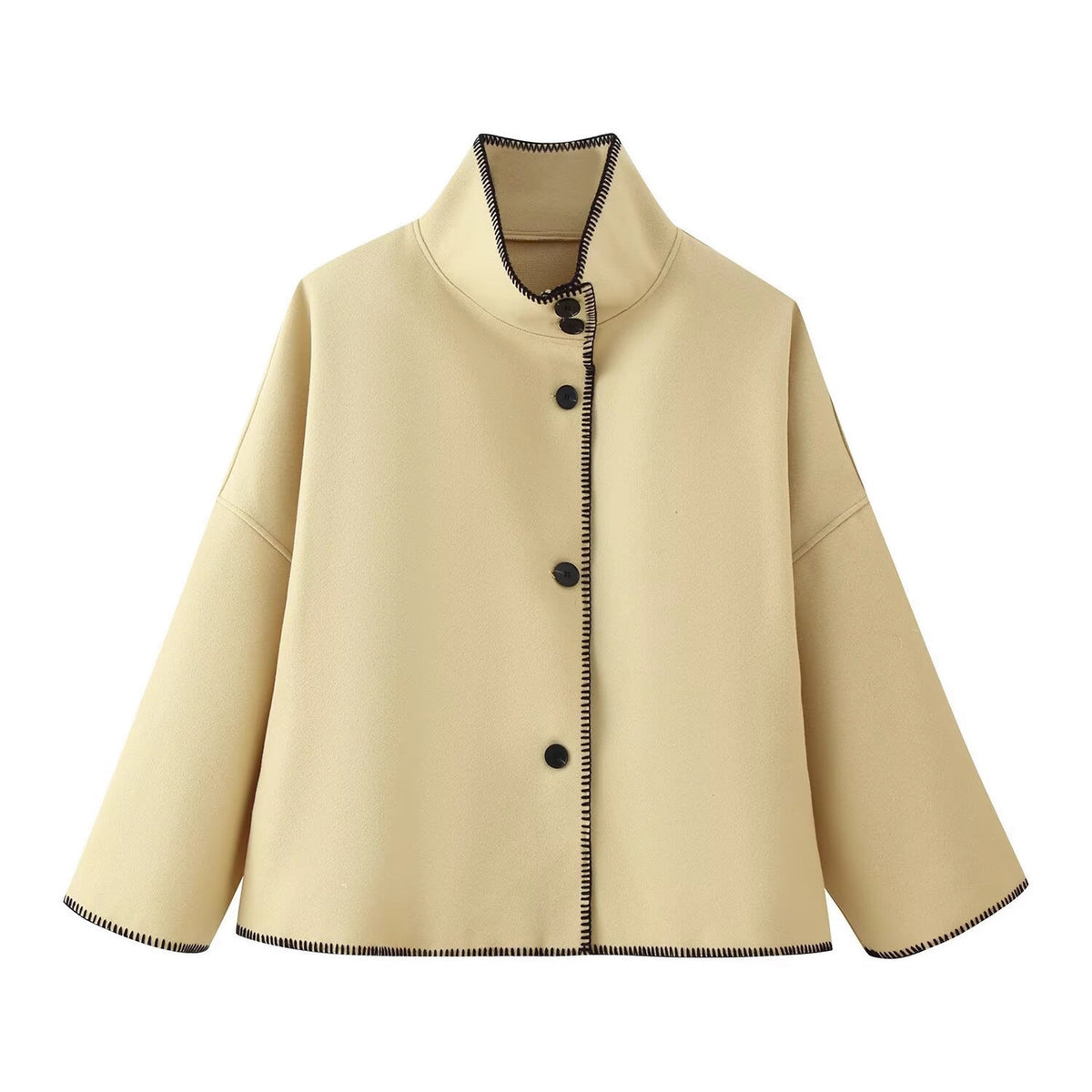 Women's Short Boxy Coat-Cape with Standing Collar and Contrast Decorative Stitch Fashion Glam