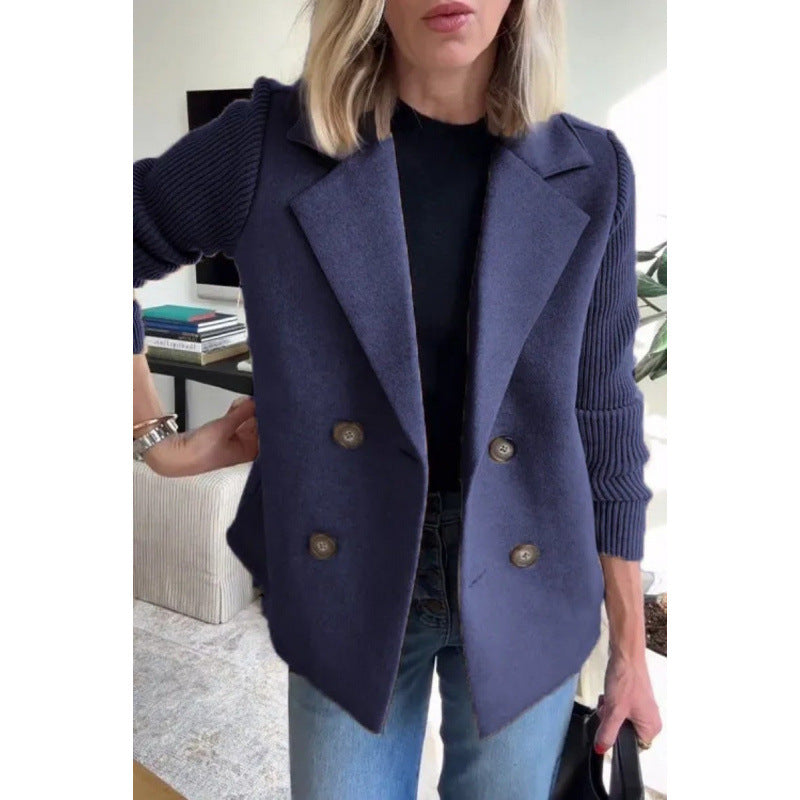 Women's Double-breasted Blazer Vest with Wide Lapels and Ribbed Knit Sleeves Fashion Glam