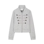 Women's Cropped Sweat Jacket in Military Look with Stand-up Collar and Decorative Button Placket Fashion Glam