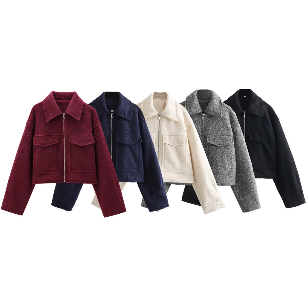 Women Short Boucle Jacket in Boxy Cut with Zip and Flap Pockets Fashion Glam