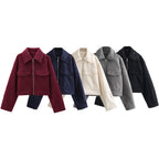 Women Short Boucle Jacket in Boxy Cut with Zip and Flap Pockets Fashion Glam