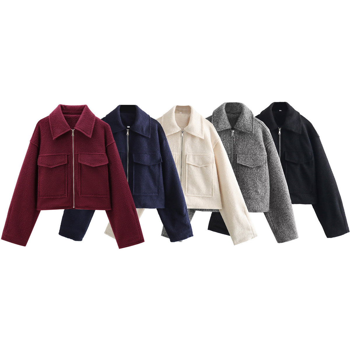Women Short Boucle Jacket in Boxy Cut with Zip and Flap Pockets Fashion Glam