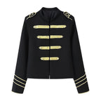 Ladies Cropped Military Jacket with Gold Embroidered Galloons and Stand-up Collar Fashion Glam